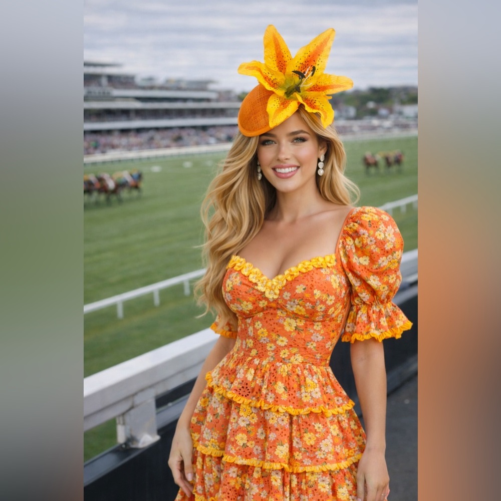 New Orange Floral Tiger Lily Floral Fascinator Kentucky Derby Hat Tea Ascot
